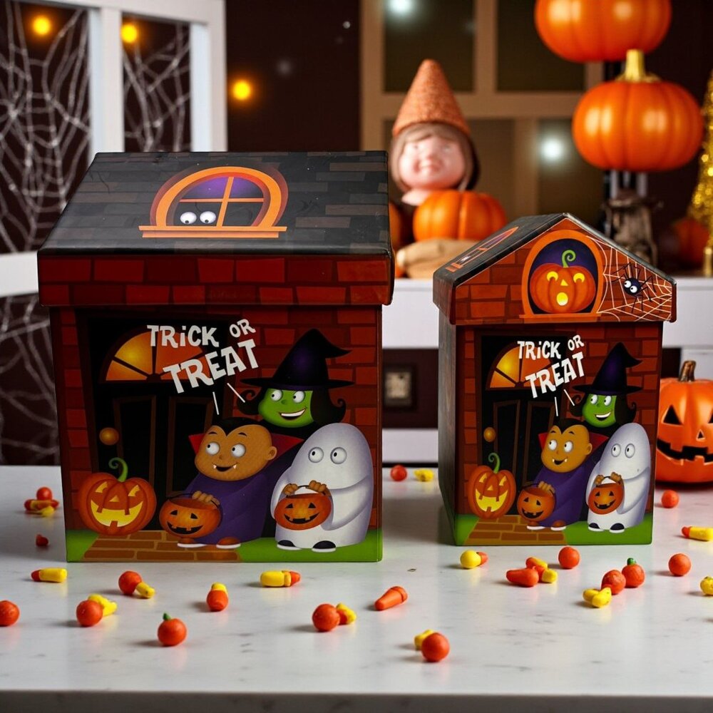 Set Of 2 Halloween Trick Or Treat Nesting Boxes With Haunted House Design